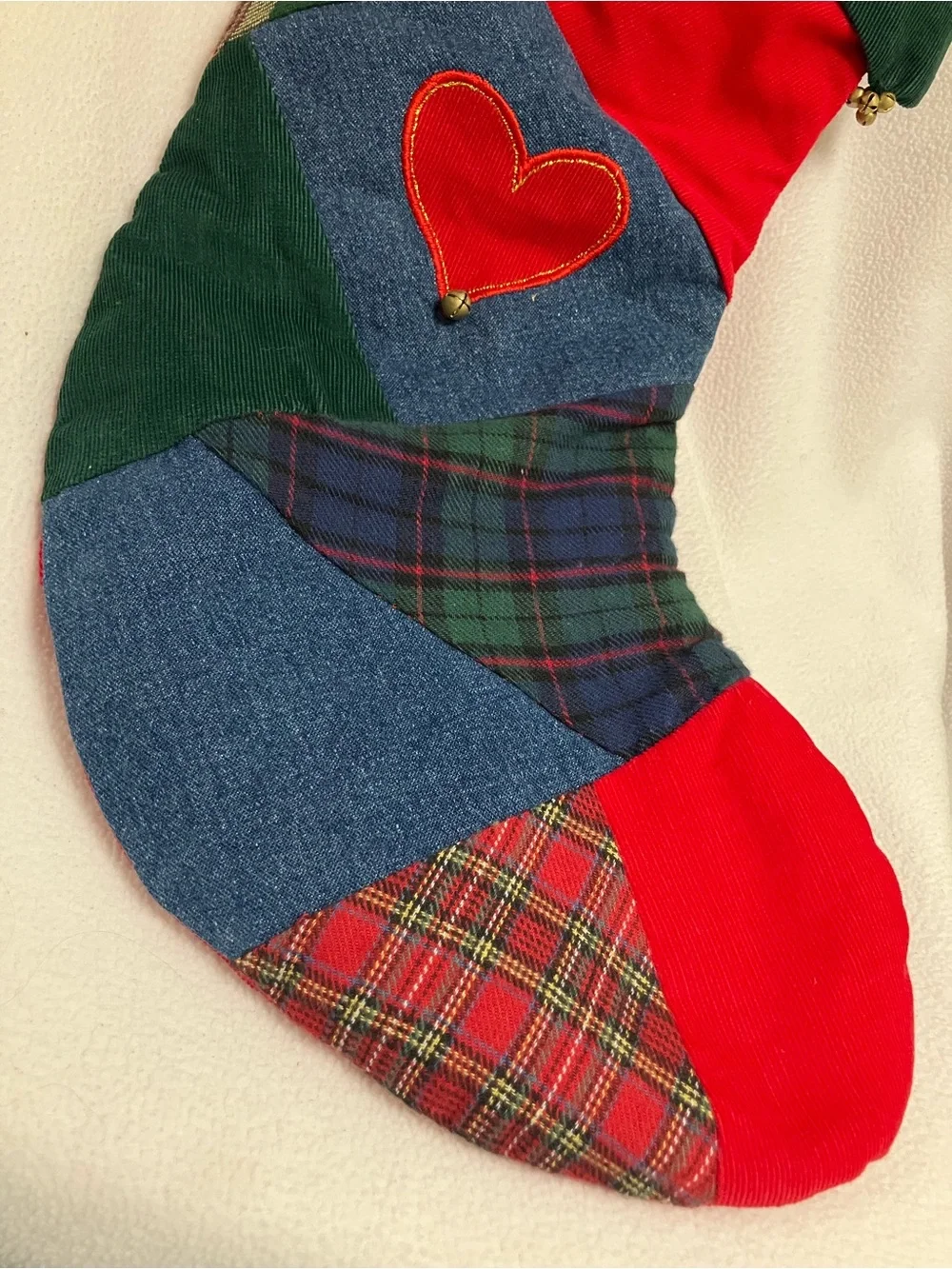 retired Pier 1 Imports patchwork quilt Christmas stocking. Red heart. Tiny bells